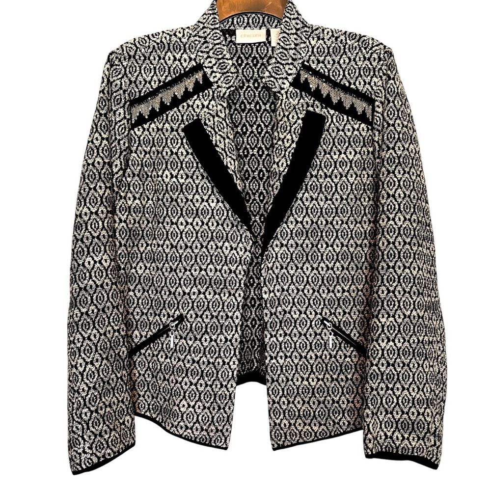 Chico’s Black & White Embellished TapestryJacket - Large